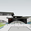 Modern Architectural Landscape Featuring Water Pool Arched Structures Trees And Bridge