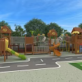 Colorful School Outdoor Playground With Slide Soccer Goal Lawn And Trees