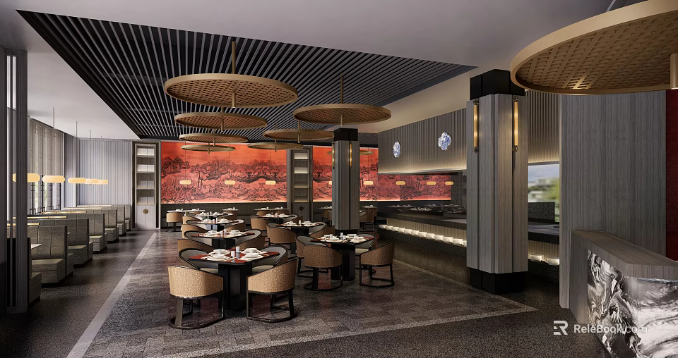 Elegant Restaurant Interior With Hanging Round Pendant Lights Red Decorative Wall And Round Dining Tables 3d model 