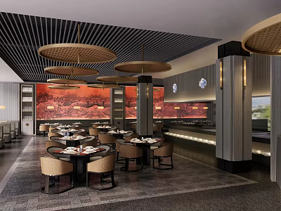 Elegant Restaurant Interior With Hanging Round Pendant Lights Red Decorative Wall And Round Dining Tables 3d model