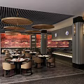 Elegant Restaurant Interior With Hanging Round Pendant Lights Red Decorative Wall And Round Dining Tables