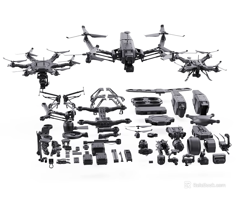 Smart Drones With Multiple Models And Assorted Components Parts And Accessories 3d model
