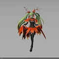 Fantasy Character with Green Hair Red Antlers and Orange Flame Cape in Black Outfit