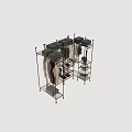 Modern Closet with Hanging Clothes Folded Garments Shoes and Storage Bins on Metal Shelves