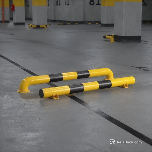 Parking Lot With Yellow And Black Safety Barriers Concrete Floor And Parking Markings 3d model 