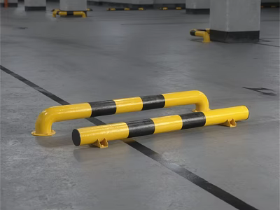 Parking Lot With Yellow And Black Safety Barriers Concrete Floor And Parking Markings 3d model