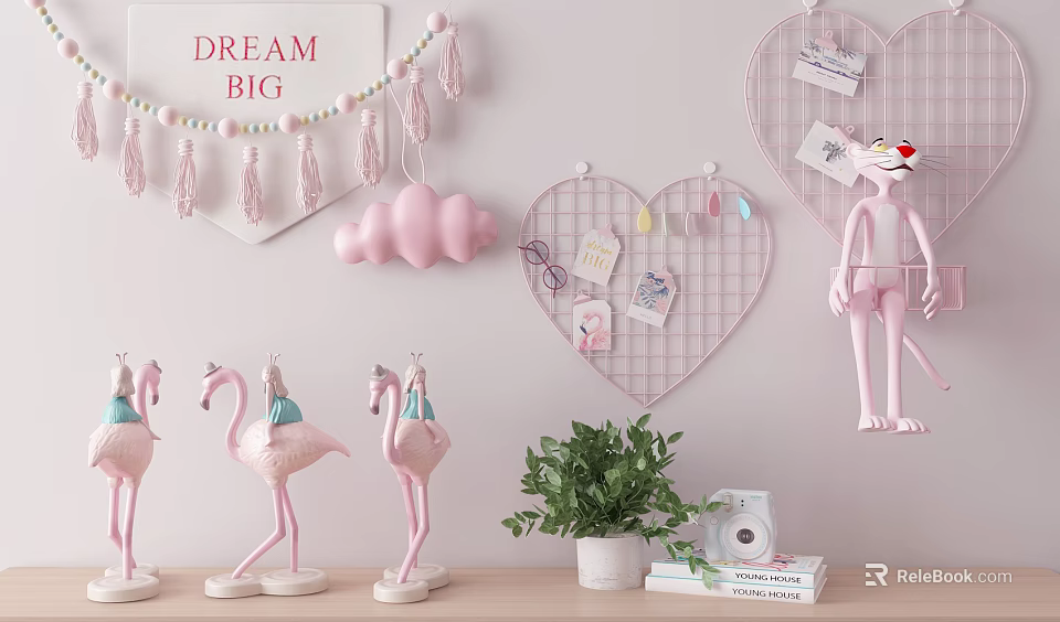 Pink Flamingo Ornament Set with Heart Grid Cloud Decor Green Plant Vintage Camera and Books 3d model 