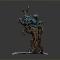 Wooden Tree Trunk Sculpture With Blue Cat Figure And Stone Base Decor
