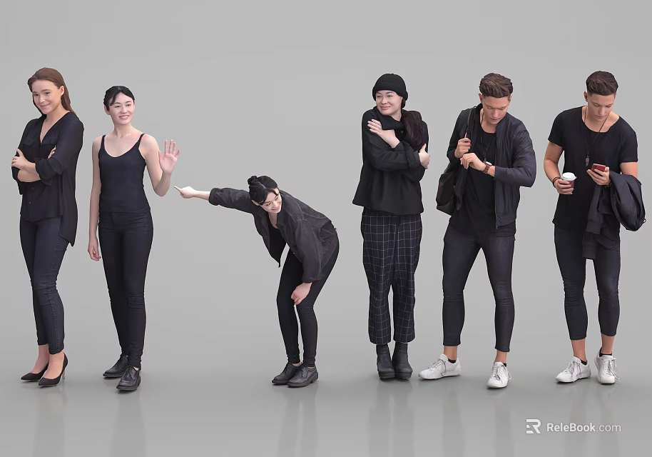 Group of People Wearing Black Casual Clothing in Various Poses Standing Against Gray Background 3d model 
