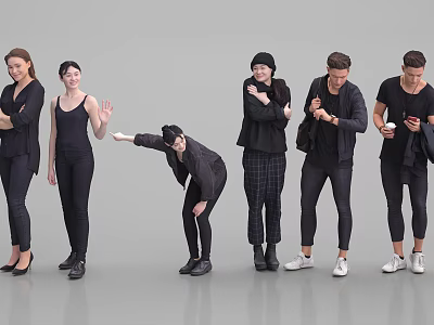 Group of People Wearing Black Casual Clothing in Various Poses Standing Against Gray Background 3d model