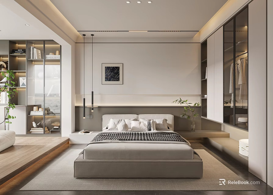 Modern Bedroom Interior Featuring Comfortable Bed Pendant Lights Open Wardrobe And Floor To Ceiling Windows 3d model 