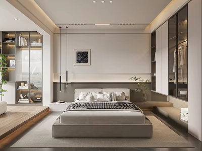 Modern Bedroom Interior Featuring Comfortable Bed Pendant Lights Open Wardrobe And Floor To Ceiling Windows 3d model