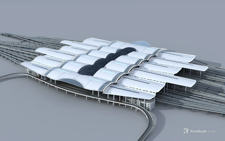Modern Railway Station With Streamlined Roof Design And Multiple Platforms 3d model 