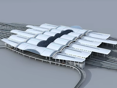 Modern Railway Station With Streamlined Roof Design And Multiple Platforms 3d model