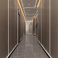 Modern Hotel Corridor With Wooden Walls Polished Marble Floor Room Doors And Recessed Lighting