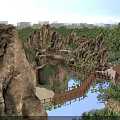 Scenic Rock Formations With Pavilions Wooden Bridge Stream Colorful Flowers And Distant Mountain Views