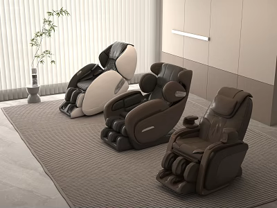 Three Modern Massage Chairs In Different Colors For Comfortable Living Room With Rug And Plant 3d model