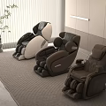 Three Modern Massage Chairs In Different Colors For Comfortable Living Room With Rug And Plant