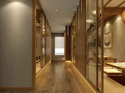 Serene Restaurant Corridor With Wooden Floors Glass Partitions Warm Lighting And Wall Art 3d model