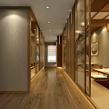 Serene Restaurant Corridor With Wooden Floors Glass Partitions Warm Lighting And Wall Art