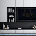 Modern White and Black TV Cabinet With Open Storage Compartments Books Decorative Items and Vase