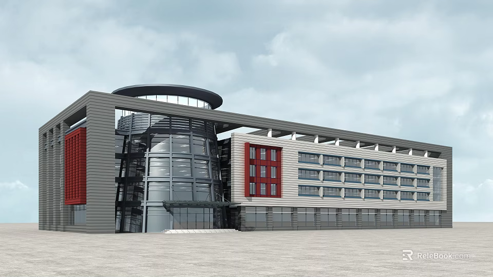 Modern Commercial Building With Glass Curtain Wall Red Accents And Circular Roof 3d model 