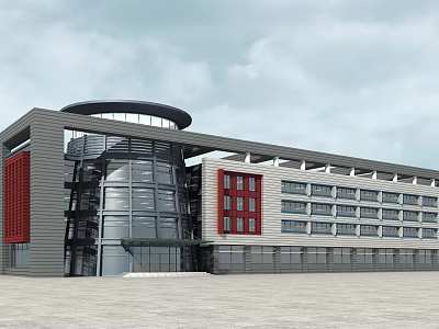 Modern Commercial Building With Glass Curtain Wall Red Accents And Circular Roof 3d model