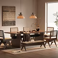 Modern Dining Table Set with Wooden Chairs Bench Pendant Lights Wall Art and Floor Plant