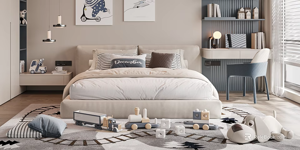 Comfortable Kids Bed With Playful Toys Building Blocks Soft Rug And Decorative Paintings 3d model 