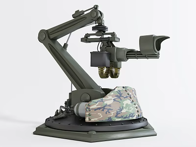 Green Camouflage Weapon With Mechanical Arm And Spring Mechanism On Stable Base 3d model