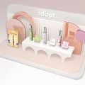 Chic Perfume And Cosmetics On Modern Display Stand With Soft Pink Orange Decor