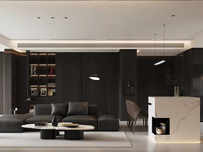 Modern Living Dining Room Interior With Dark Sofa Coffee Table Wooden Bookshelf And Hanging Lights 3d model