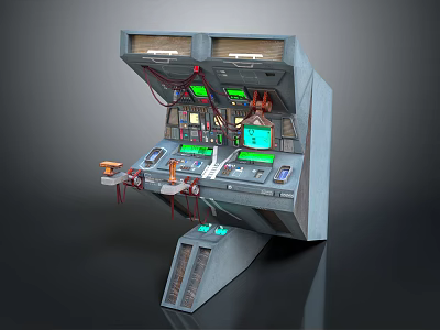 Futuristic Sci Fi Control Panel With Multiple Screens Buttons And Cables 3d model
