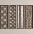 Four Panel Room Divider Screen With Various Openwork Patterns Dark Brown Frame Light Gray Wall