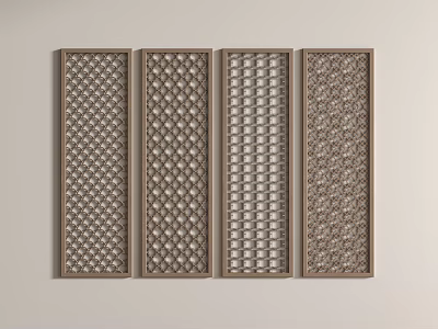 Four Panel Room Divider Screen With Various Openwork Patterns Dark Brown Frame Light Gray Wall 3d model