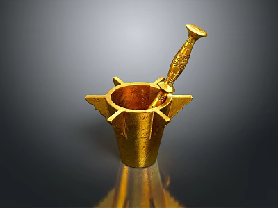 Shiny Golden Mortar And Pestle With Wing Design For Household Kitchen Tool 3d model