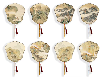 Traditional Fan Shaped Wall Hangings With Landscape Painting And Tassel Decorations 3d model