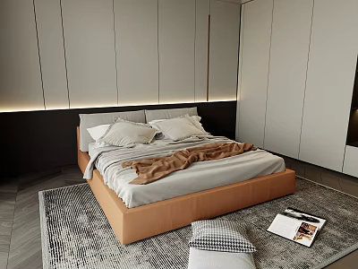 Modern Double Bed Interior With Beige Frame White Pillows And Striped Blanket Area Rug 3d model