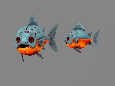 Two Vibrant Blue And Orange Fish With Red Eyes As 3D Aquatic Animal Models 3d model