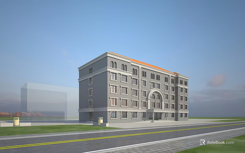 Modern Multi Story Office Building Gray Exterior Orange Roof Arched Entrance Road And Grass Surroundings 3d model 