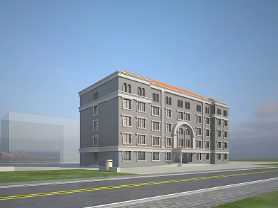 Modern Multi Story Office Building Gray Exterior Orange Roof Arched Entrance Road And Grass Surroundings 3d model