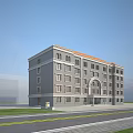 Modern Multi Story Office Building Gray Exterior Orange Roof Arched Entrance Road And Grass Surroundings