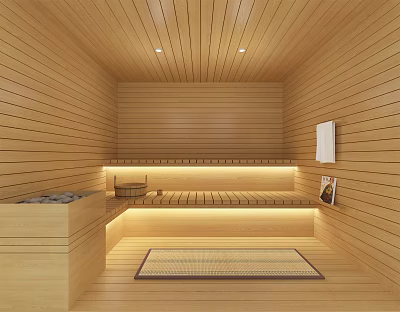 Cozy Sauna Room With Wooden Walls Ceiling Bench Heated Stones Mat And Warm Lighting 3d model