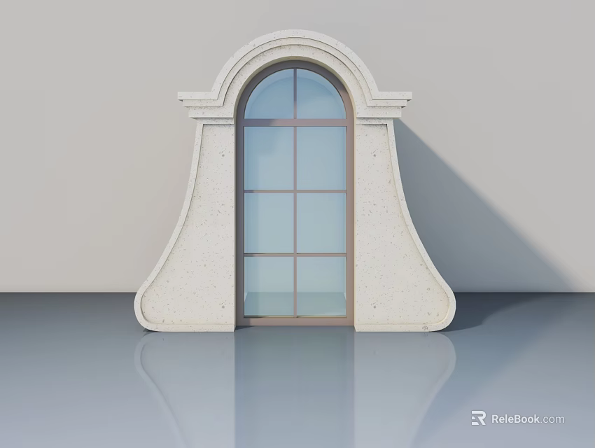 Swing Door with Stone Frame Glass Panels and Modern Decorative Arch Design 3d model 