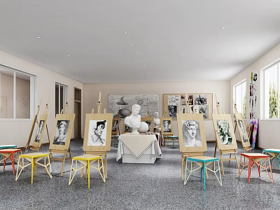 Art Studio Space For Book Art With Easels Portrait Paintings Sculpture And Colorful Stools 3d model