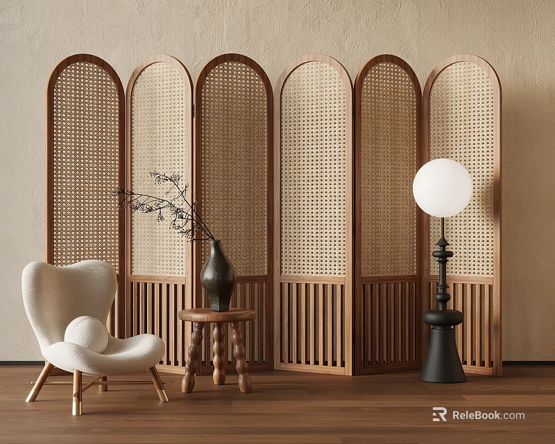 Wooden Rattan Arched Partition Interior Design With Chair Side Table And Lamp 3d model 