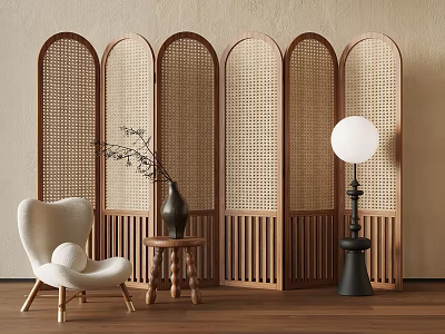 Wooden Rattan Arched Partition Interior Design With Chair Side Table And Lamp 3d model