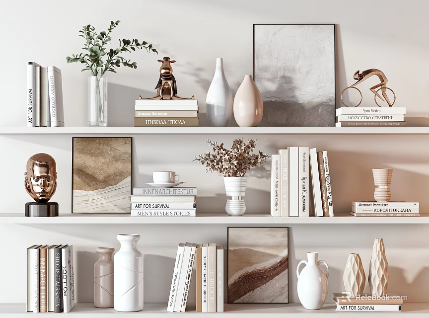 Decorative Ornament Combinations on Shelves with Vases Books Sculptures Paintings and Plants 3d model 