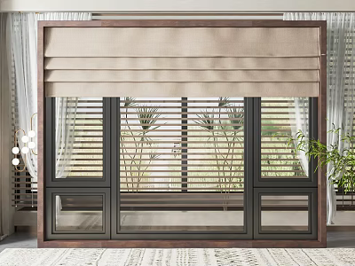 Modern Dark Frame Floor to Ceiling Window With Beige Roller Blind and Plants 3d model