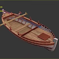 Wooden Boat With Wooden Structure Red Accents Oars And Red Cushion On Seats